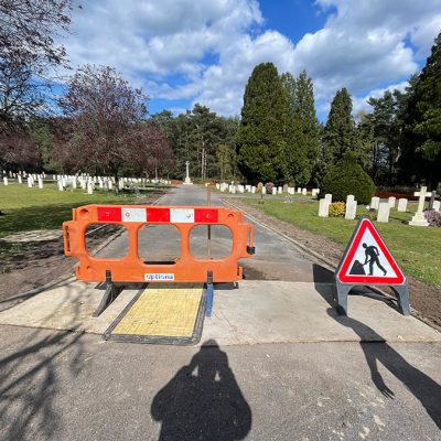 Road duct and mulch at Bordon Military Cemetery